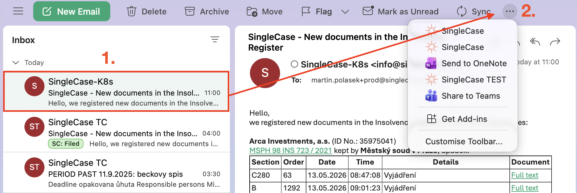 Outlook with an email open — SingleCase button is active